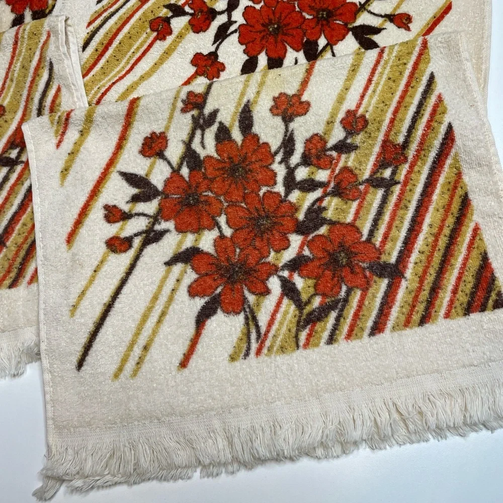 Vintage MCM Cannon Floral Stripe Hand Towels Set of 6 Fringe Cotton USA Made